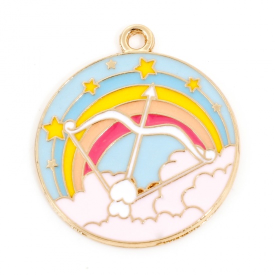 Picture of Zinc Based Alloy Charms Gold Plated Multicolor Round Rainbow Enamel 28mm x 24.5mm, 10 PCs