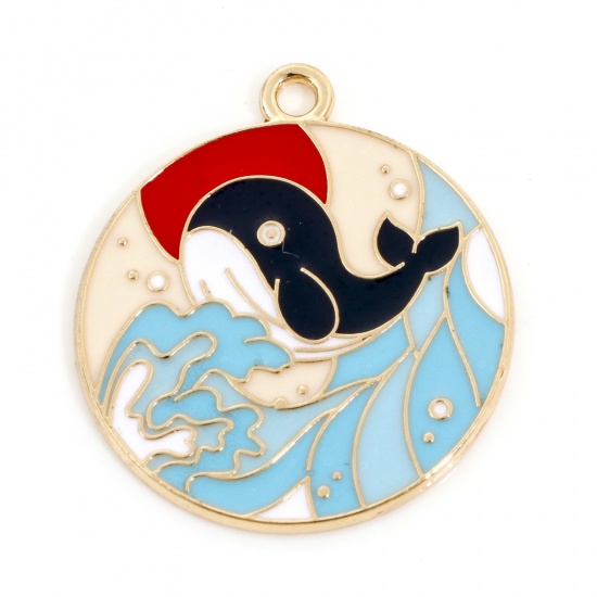 Picture of Zinc Based Alloy Ocean Jewelry Charms Gold Plated Multicolor Round Cloud Enamel 28mm x 24.5mm, 10 PCs