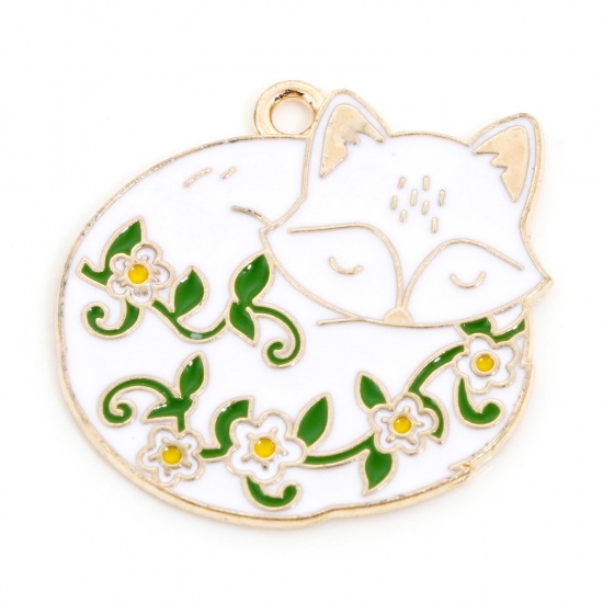 Picture of Zinc Based Alloy Charms Gold Plated White & Yellow Fox Animal Flower Vine Enamel 26mm x 25mm, 10 PCs