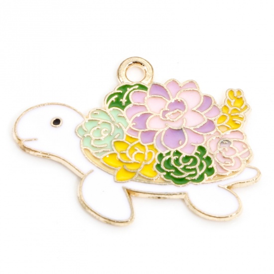 Picture of Zinc Based Alloy Ocean Jewelry Charms Gold Plated Multicolor Tortoise Animal Flower Enamel 28mm x 21mm, 10 PCs