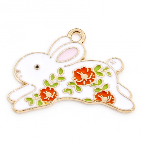 Picture of Zinc Based Alloy Easter Day Charms Gold Plated White & Orange Rabbit Animal Flower Enamel 28mm x 20mm, 10 PCs
