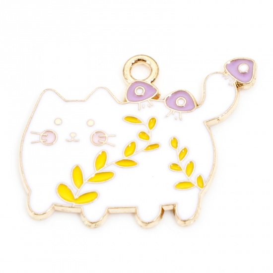 Picture of Zinc Based Alloy Charms Gold Plated White & Yellow Cat Animal Flower Leaves Enamel 26mm x 21mm, 10 PCs