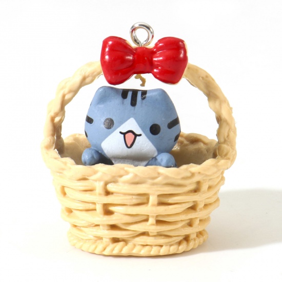Picture of Resin Cute Pendants Basket Cat Beige 3D 3.6cm x 3.2cm, 2 PCs
