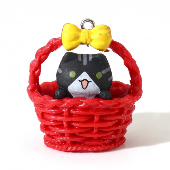 Picture of Resin Cute Pendants Basket Cat Red 3D 3.6cm x 3.2cm, 2 PCs