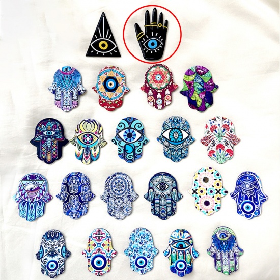 Picture of Acrylic Religious Pendants Hamsa Symbol Hand Evil Eye Multicolor 5.8cm x 3.8cm, 5 PCs