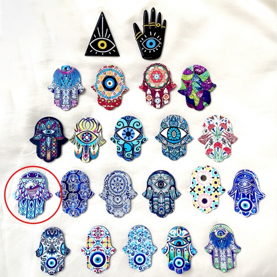 Picture of Acrylic Religious Pendants Hamsa Symbol Hand Evil Eye Multicolor 5.3cm x 4.4cm, 5 PCs