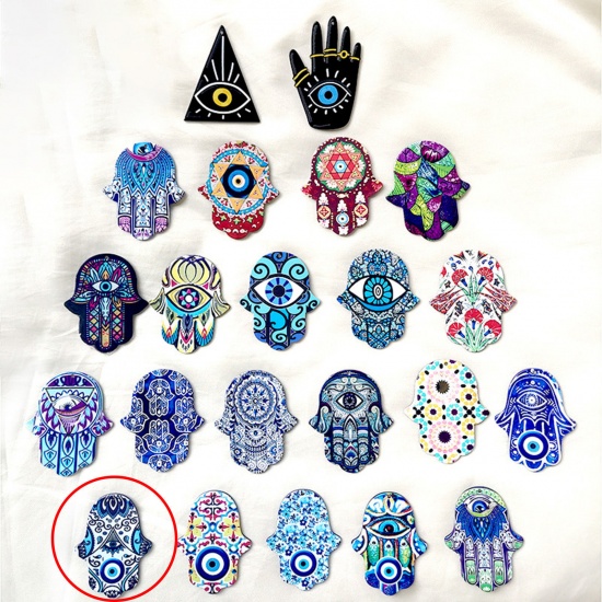 Picture of Acrylic Religious Pendants Hamsa Symbol Hand Evil Eye Multicolor 5.1cm x 3.8cm, 5 PCs