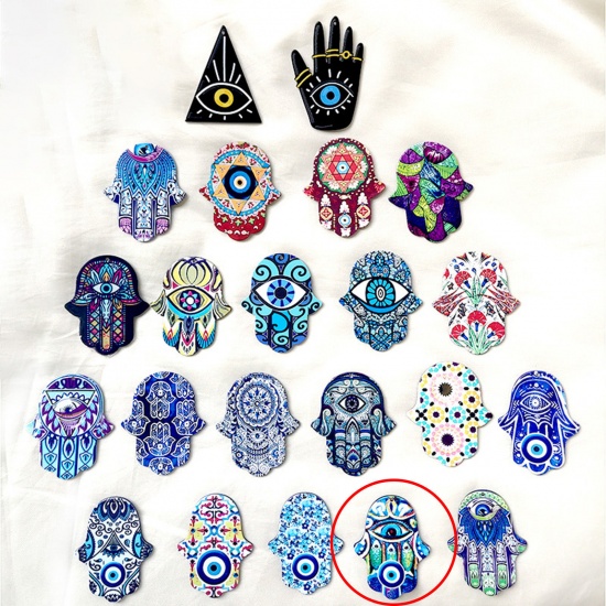 Picture of Acrylic Religious Pendants Hamsa Symbol Hand Evil Eye Multicolor 5.1cm x 3.8cm, 5 PCs