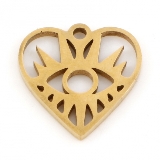 Picture of 3 PCs Eco-friendly PVD Vacuum Plating 201 Stainless Steel Valentine's Day Charms 18K Gold Plated Heart Eye of Providence/ All-seeing Eye Hollow 15.5mm x 15mm