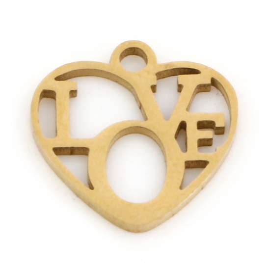 Picture of 3 PCs Eco-friendly PVD Vacuum Plating 201 Stainless Steel Valentine's Day Charms 18K Gold Plated " Love " Heart Hollow 12mm x 12mm