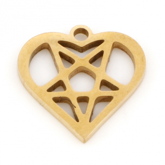 Picture of 3 PCs Eco-friendly PVD Vacuum Plating 201 Stainless Steel Valentine's Day Charms 18K Gold Plated Pentagram Star Heart Hollow 15mm x 15mm