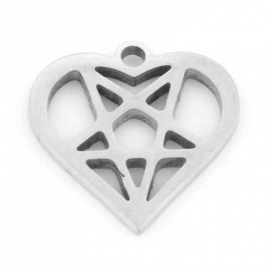 Picture of 201 Stainless Steel Valentine's Day Charms Silver Tone Pentagram Star Heart Hollow 15mm x 15mm, 3 PCs