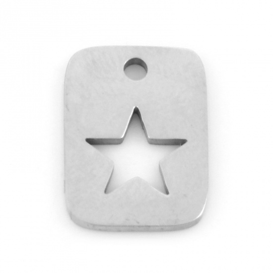 Picture of 201 Stainless Steel Galaxy Charms Silver Tone Rectangle Pentagram Star Hollow 13mm x 9mm, 3 PCs