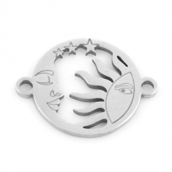 Picture of 201 Stainless Steel Galaxy Charms Silver Tone Round Sun And Moon Face Hollow 19.5mm x 15mm, 3 PCs