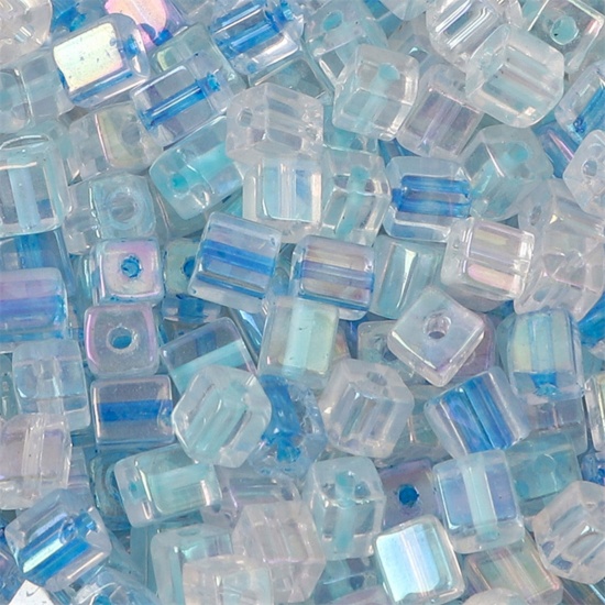 Picture of Glass Square Seed Seed Beads Square Blue Colorful About 5mm x 5mm, Hole: Approx 1mm, 10 Grams