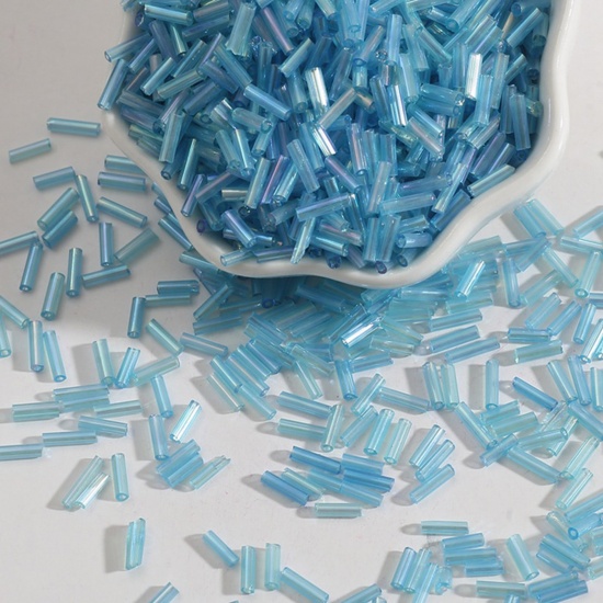 Picture of Glass Seed Beads Tube Lake Blue About 7mm x 2mm, 30 Grams (Approx 10 PCs/Gram)