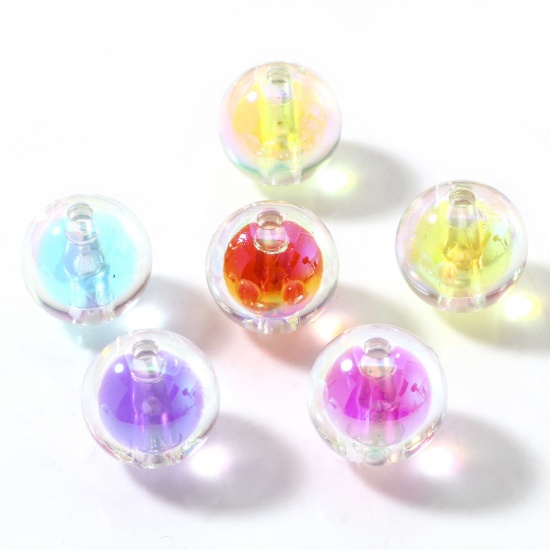 Picture of Acrylic Beads For DIY Charm Jewelry Making At Random Mixed Color AB Rainbow Color Round Pearlized About 15.5mm Dia., Hole: Approx 2.6mm, 10 PCs
