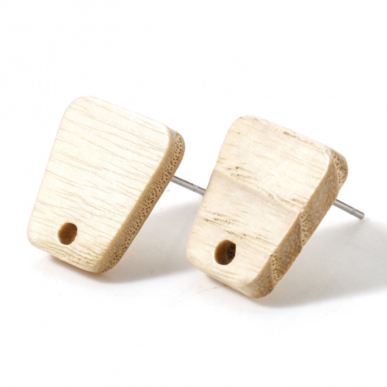 Picture of Fraxinus Wood Geometry Series Ear Post Stud Earrings Findings Trapezoid Creamy-White With Loop 14mm x 12mm, Post/ Wire Size: (21 gauge), 10 PCs