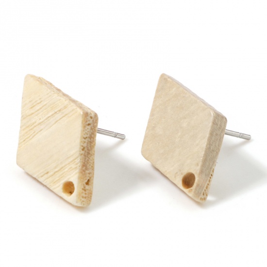 Picture of Fraxinus Wood Geometry Series Ear Post Stud Earrings Findings Rhombus Creamy-White With Loop 17mm x 12mm, Post/ Wire Size: (21 gauge), 10 PCs