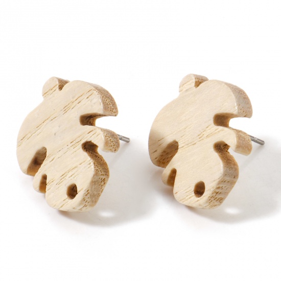 Picture of Fraxinus Wood Geometry Series Ear Post Stud Earrings Findings Creamy-White Monstera Leaf With Loop 19.5mm x 17.5mm, Post/ Wire Size: (21 gauge), 10 PCs