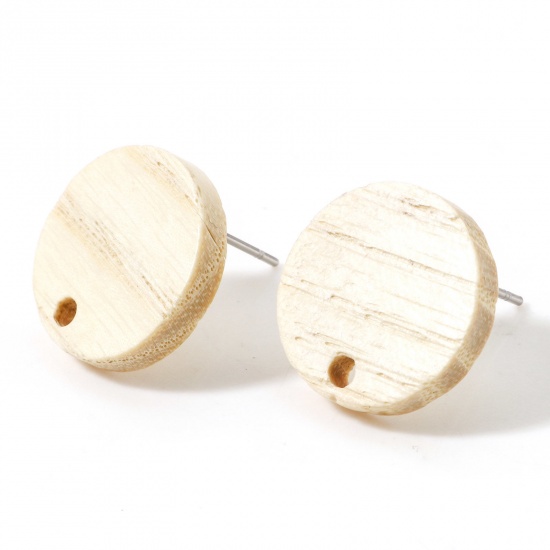 Picture of Fraxinus Wood Geometry Series Ear Post Stud Earrings Findings Round Creamy-White With Loop 15mm Dia., Post/ Wire Size: (21 gauge), 10 PCs