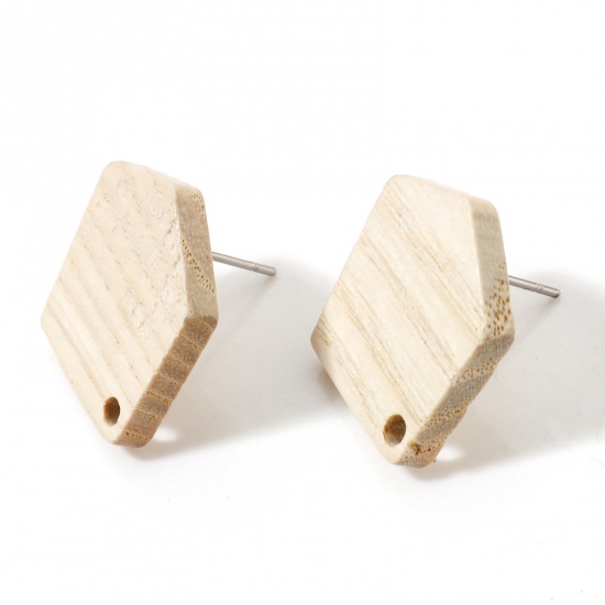 Picture of Fraxinus Wood Geometry Series Ear Post Stud Earrings Findings Pentagon Creamy-White With Loop 20.5mm x 18.5mm, Post/ Wire Size: (21 gauge), 10 PCs