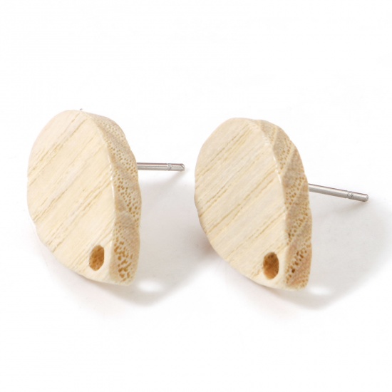 Picture of Fraxinus Wood Geometry Series Ear Post Stud Earrings Findings Drop Creamy-White With Loop 16.5mm x 11mm, Post/ Wire Size: (21 gauge), 10 PCs