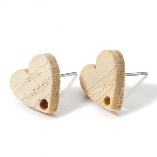 Picture of Fraxinus Wood Geometry Series Ear Post Stud Earrings Findings Heart Creamy-White With Loop 12mm x 12mm, Post/ Wire Size: (21 gauge), 10 PCs
