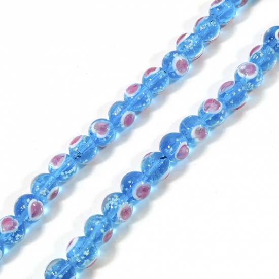 Picture of Lampwork Glass Valentine's Day Beads For DIY Charm Jewelry Making Round Blue Heart About 12mm Dia, Hole: Approx 1.2mm, 5 PCs