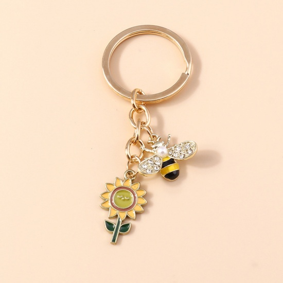 Picture of Pastoral Style Keychain & Keyring Gold Plated Bee Animal Sunflower Enamel 7.5cm, 1 Piece