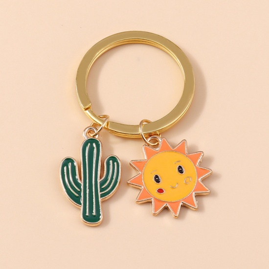 Picture of Pastoral Style Keychain & Keyring Gold Plated Cactus Sun Enamel 5.5cm, 1 Piece