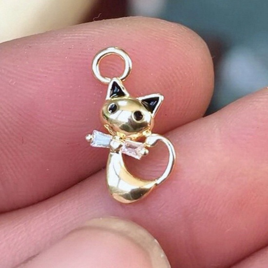 Picture of Brass Cute Charms 14K Gold Plated Cat Animal Clear Cubic Zirconia 15mm x 8mm, 1 Piece