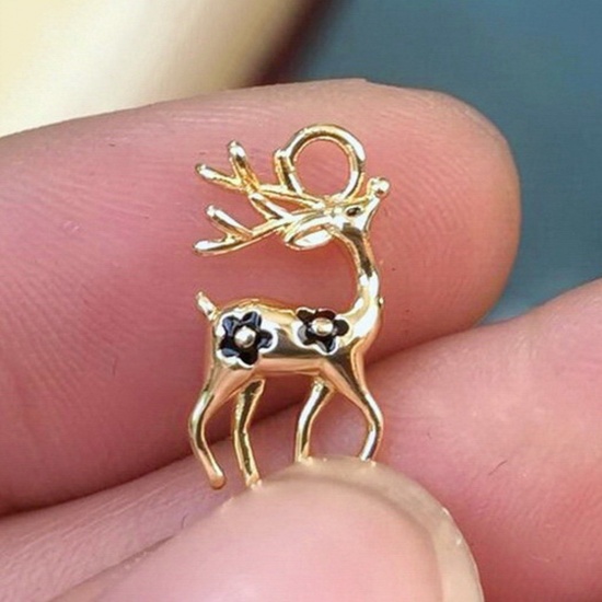 Picture of Brass Cute Charms 14K Gold Plated Deer Animal Flower 15mm x 8mm, 1 Piece