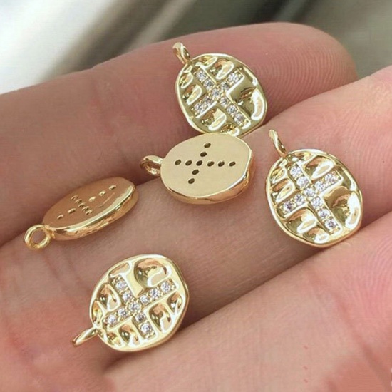 Picture of Brass Religious Charms 14K Gold Plated Oval Cross 12mm x 8mm, 1 Piece
