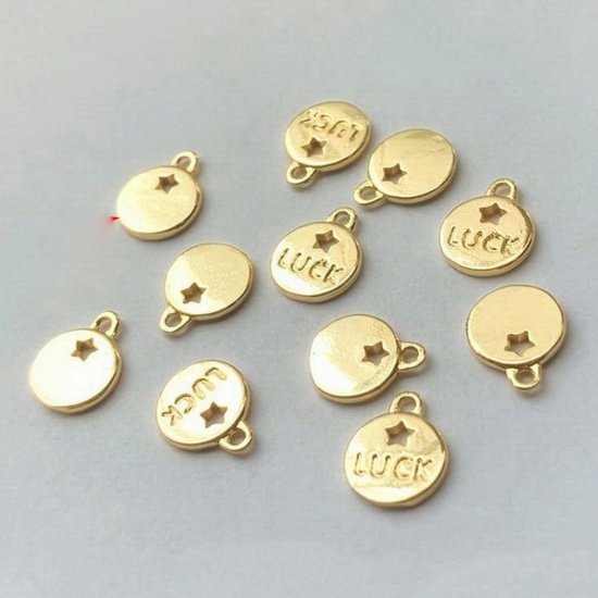 Picture of Brass Simple Charms 14K Gold Plated Round Pentagram Star Message " LUCK " 9mm x 7mm, 1 Piece