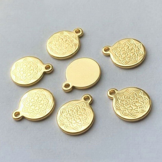Picture of Brass Simple Charms 14K Gold Plated Round Carved Pattern 12mm x 10mm, 1 Piece