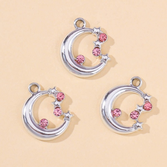 Picture of Zinc Based Alloy Galaxy Charms Silver Tone Pink Half Moon 17mm x 14mm, 10 PCs