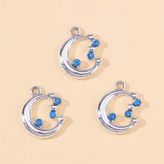 Picture of Zinc Based Alloy Galaxy Charms Silver Tone Blue Half Moon 17mm x 14mm, 10 PCs