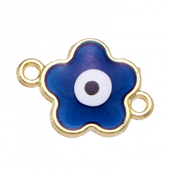 Picture of Zinc Based Alloy Religious Connectors Charms Pendants Gold Plated Royal Blue Flower Evil Eye Enamel 19mm x 14mm, 10 PCs