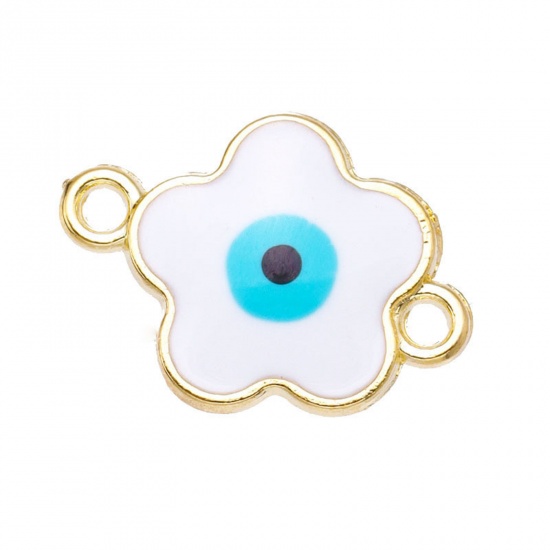Picture of Zinc Based Alloy Religious Connectors Charms Pendants Gold Plated White Flower Evil Eye Enamel 19mm x 14mm, 10 PCs
