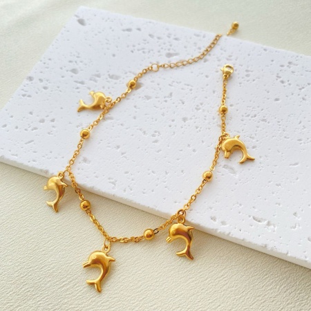 Bild von Großhandel Delphin 304 Edelstahl Kreuz Gliederketten Charme-Fußkettchen, 18K Vergoldet Frauen Ozean Schmuck Exquisit Geschenk Schmuckbedarf, 18cm + 5cm lang, 1 Strang