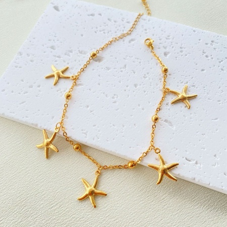 Picture of Wholesale Star Fish 304 Stainless Steel Link Cable Chain Charm Anklet, 18K Gold Plated Women's Ocean Jewelry Exquisite Gift Jewelry Supply, 18cm(7.1") + 5cm(2") long, 1 Piece