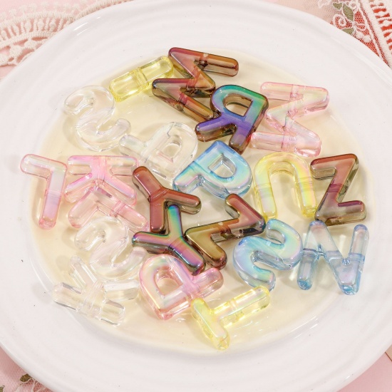 Picture of Acrylic Beads For DIY Charm Jewelry Making At Random Mixed Color AB Rainbow Color Capital Alphabet/ Letter Message " A-Z " About 3.3x3.1cm - 3x1cm, Hole: Approx 3.2mm, 5 PCs
