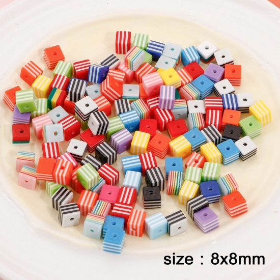 Picture of Acrylic Beads For DIY Jewelry Making At Random Mixed Color Cube Stripe About 8mm x 8mm, Hole: Approx 1.8mm, 50 PCs