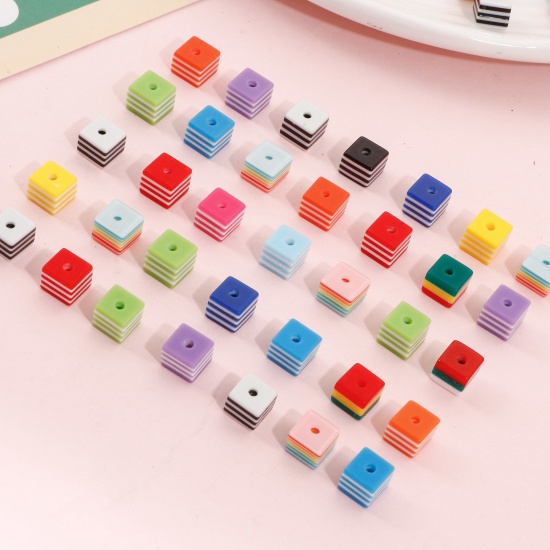 Picture of Acrylic Beads For DIY Jewelry Making At Random Mixed Color Cube Stripe About 8mm x 8mm, Hole: Approx 1.8mm, 50 PCs