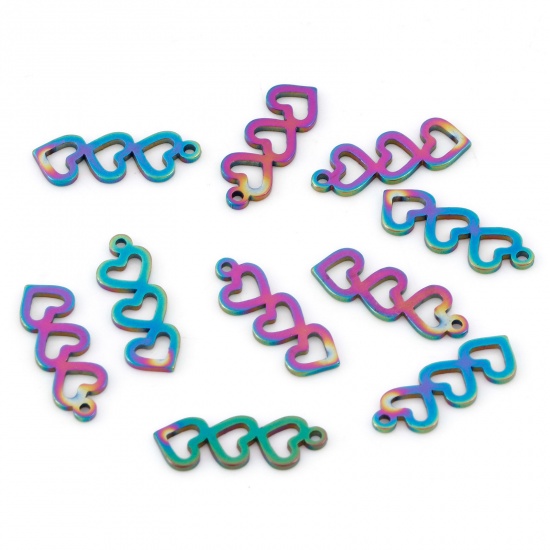 Bild von 10 Stück Umweltfreundliche PVD-Vakuumbeschichtung 201 Edelstahl Valentinstag Charms Herz Regenbogenfarbe Plattiert Hohl 16.5mm x 6mm