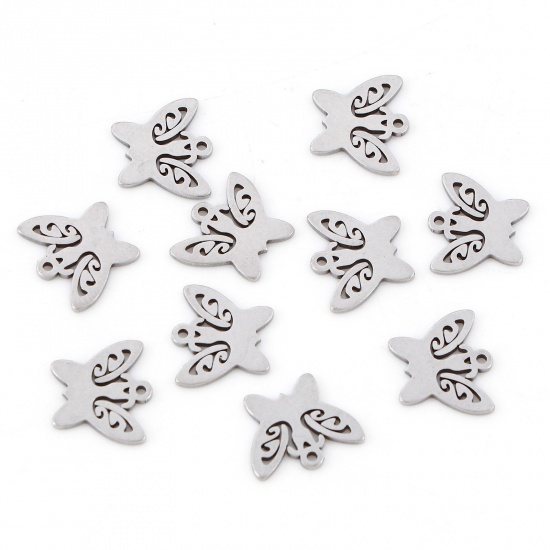 Picture of 201 Stainless Steel Insect Charms Silver Tone Butterfly Animal Hollow 13mm x 11mm, 10 PCs