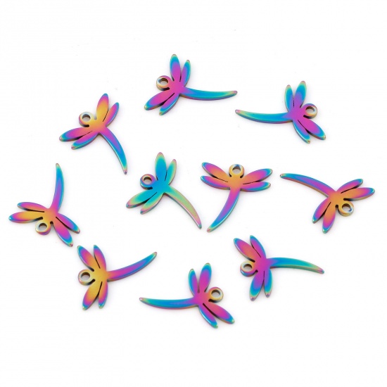 Picture of 10 PCs Eco-friendly PVD Vacuum Plating 201 Stainless Steel Insect Charms Rainbow Color Plated Dragonfly Animal 13mm x 11mm