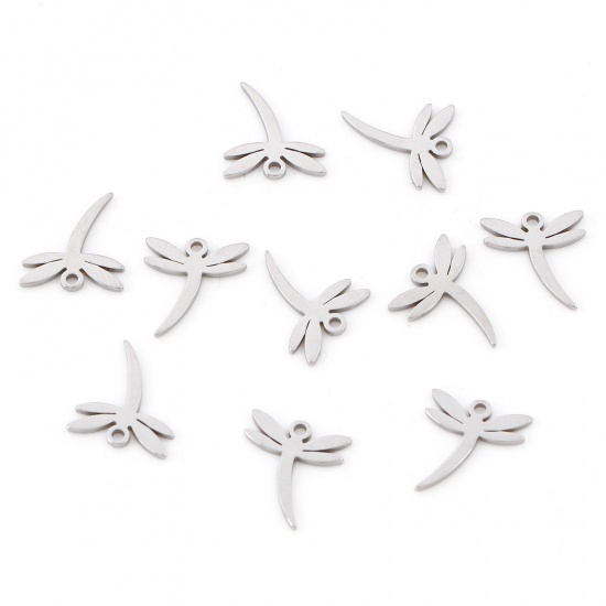 Picture of 201 Stainless Steel Insect Charms Silver Tone Dragonfly Animal 13mm x 11mm, 10 PCs