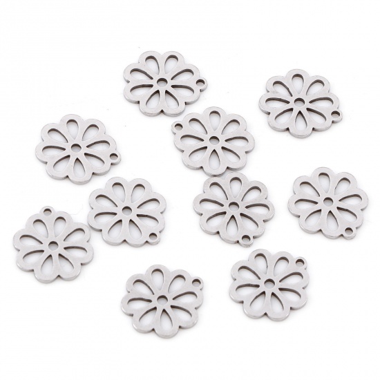 Picture of 201 Stainless Steel Flora Collection Charms Silver Tone Flower Hollow 14mm x 12mm, 10 PCs